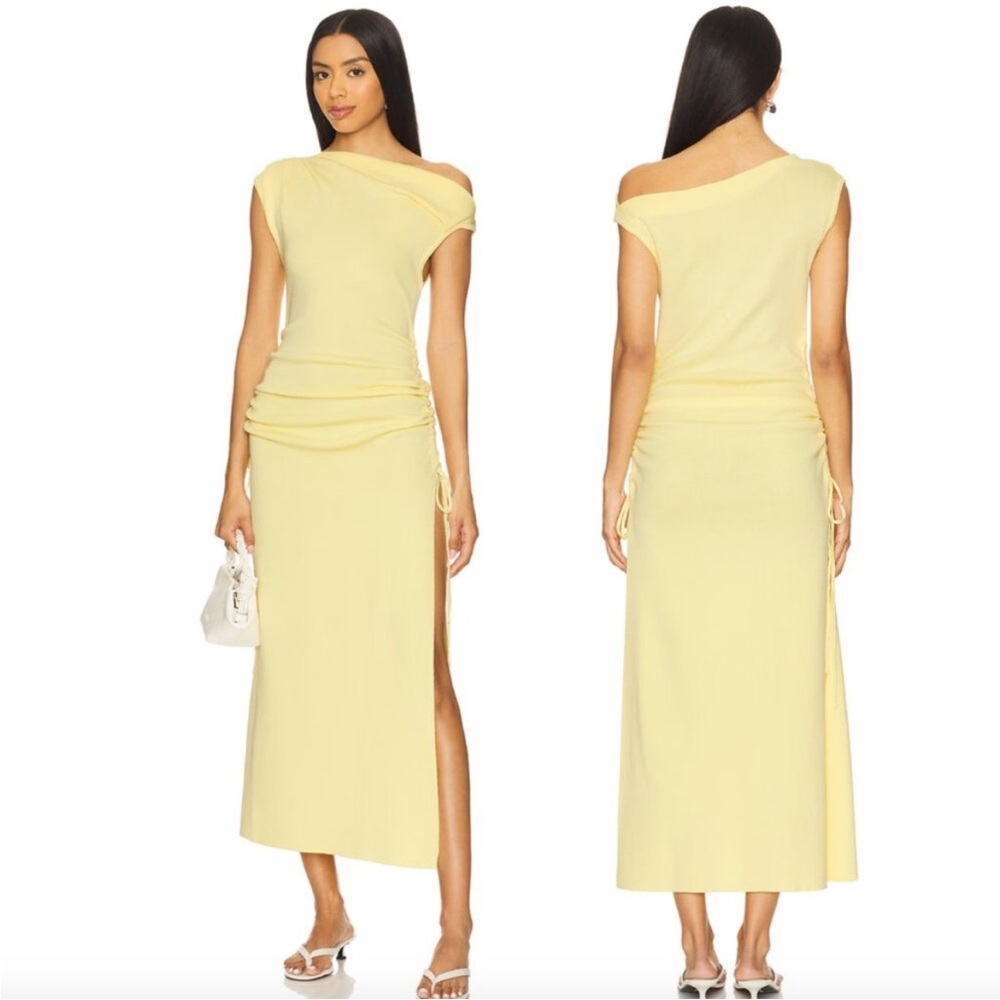 Lioness Pale Yellow One-Shoulder Midi with Side Ruche & Slit